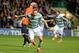 GLASGOW, SCOTLAND - AUGUST 28: James Forrest of Celtic after scoring the winning goal during the UEFA Champions League Play-off second leg match between Celtic and Shakhter Karagandy at Celtic Park on August 28, 2013 in Glasgow,Scotland. (Photo by Jeff J Mitchell/Getty Images)