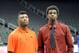 Oklahoma State's Marcus Smart, left, and KU's Andrew Wiggins, right, pose together on Tuesday at Big 12 media day.