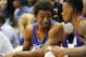 Oct 4, 2013; Lawrence, KS, USA; Kansas Jayhawks guard Andrew Wiggins (22) speaks with guard Naadir Tharpe (10) on the bench during Late Night at Allen Fieldhouse. Mandatory Credit: Denny Medley-USA TODAY Sports