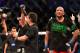 Oct 9, 2013; Barueri, Sao Paulo, Brazil; Fabio Maldonado (left) celebrates defeating Joey Beltran (red shorts) during UFC Fight Night 29 at Jose Correa Arena. Mandatory Credit: Jason Silva-USA TODAY Sports