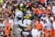 Sep 7, 2013; Charlottesville, VA, USA; Oregon Ducks running back De'Anthony Thomas (6) celebrates with tight end Colt Lyerla (15) after scoring a touchdown in the first quarter at Scott Stadium. Mandatory Credit: Bob Donnan-USA TODAY Sports