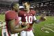 Oct 19, 2013; Tuscaloosa, AL, USA; Alabama Crimson Tide quarterback Blake Sims (6) greets quarterback A.J. McCarron (10) following their 52-0 victory over the Arkansas Razorbacks at Bryant-Denny Stadium. Mandatory Credit: John David Mercer-USA TODAY Sports