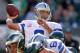 October 20, 2013; Philadelphia, PA, USA; Dallas Cowboys quarterback Tony Romo (9) throws the ball during the second half action against the Philadelphia Eagles at Lincoln Financial Field. Mandatory Credit: Jeffrey Pittenger-USA TODAY Sports
