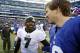 Dec 30, 2012; East Rutherford, NJ, USA; Philadelphia Eagles quarterback Michael Vick (7) greets New York Giants quarterback Eli Manning (10) after the game at Metlife Stadium. Mandatory Credit: William Perlman/THE STAR-LEDGER via USA TODAY Sports