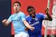 NEW YORK, NY - MAY 25: Samir Nasri #8 of Manchester City and John Obi Mikel #12 of Chelsea go after the ball at Yankee Stadium on May 25, 2013 in the Bronx borough of New York City. (Photo by Elsa/Getty Images)