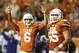 AUSTIN, TX - SEPTEMBER 21: Case McCoy #6 and Dominic Espinosa #55 of the Texas Longhorns celebrate a touchdown against the Kansas State Wildcats at Darrell K Royal-Texas Memorial Stadium on September 21, 2013 in Austin, Texas. (Photo by Ronald Martinez/Getty Images)