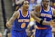 INDIANAPOLIS, IN - MAY 14: J.R. Smith #8 and Amare Stoudemire #1 of the New York Knicks protest a foul called during the game against the Indiana Pacers during Game Four of the Eastern Conference Semifinals of the 2013 NBA Playoffs at Bankers Life Fieldhouse on May 14, 2013 in Indianapolis, Indiana. NOTE TO USER: User expressly acknowledges and agrees that, by downloading and or using this photograph, User is consenting to the terms and conditions of the Getty Images License Agreement. (Photo by Andy Lyons/Getty Images)