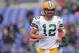 BALTIMORE, MD - OCTOBER 13: Quarterback Aaron Rodgers #12 of the Green Bay Packers warms up against the Baltimore Ravens at M&T Bank Stadium on October 13, 2013 in Baltimore, Maryland. (Photo by Patrick Smith/Getty Images)