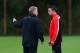 MANCHESTER, ENGLAND - OCTOBER 22: David Moyes the manager of Manchester United talks with Robin Van Persie prior to a training session at Aon Training Complex on October 22, 2013 in Manchester, England. (Photo by Alex Livesey/Getty Images)