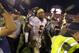 Oct 19, 2013; Clemson, SC, USA;Florida State Seminoles quarterback Jameis Winston (5) celebrates with teammates following against the Clemson Tigers the game at Clemson Memorial Stadium. Seminoles won 51-14. Mandatory Credit: Joshua S. Kelly-USA TODAY Sports