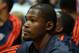 TULSA, OK - OCTOBER 17: Kevin Durant #35 of the Oklahoma City Thunder watches from the bench as his team takes on the New Orleans Pelicans during an NBA game on October 17, 2013 at the BOK Center in Tulsa, Oklahoma. NOTE TO USER: User expressly acknowledges and agrees that, by downloading and or using this Photograph, user is consenting to the terms and conditions of the Getty Images License Agreement. Mandatory Copyright Notice: Copyright 2013 NBAE (Photo by Layne Murdoch/NBAE via Getty Images)