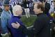 Oct 26, 2013; Manhattan, KS, USA; Kansas State Wildcats head coach Bill Snyder and West Virginia Mountaineers head coach Dana Holgorsen shake hands after the game at Bill Snyder Family Stadium. The Wildcats defeat the Mountaineers 35-12. Mandatory Credit: Jasen Vinlove-USA TODAY Sports