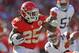 KANSAS CITY, MO - OCTOBER 27: Running back Jamaal Charles #25 of the Kansas City Chiefs rushes up field against the Cleveland Browns during the second half on October 27, 2013 at Arrowhead Stadium in Kansas City, Missouri. Kansas City won 23-17. (Photo by Peter Aiken/Getty Images)