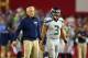 Oct 17, 2013; Phoenix, AZ, USA; Seattle Seahawks quarterback Russell Wilson (right) with head coach Pete Carroll in the second half against the Arizona Cardinals at University of Phoenix Stadium. Mandatory Credit: Mark J. Rebilas-USA TODAY Sports