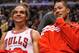 April 26, 2012; Chicago, IL, USA; Chicago Bulls center Joakim Noah (left) and Chicago Bulls point guard Derrick Rose (right) sit on the bench during the second half against the Cleveland Cavaliers at the United Center. The Bulls beat the Cavaliers 107-75. Mandatory Credit: Rob Grabowski-USA TODAY Sports