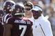 COLLEGE STATION, TX - OCTOBER 26: Texas A&M Aggies head coach Kevin Sumlin has words for Tramain Jacobs at Kyle Field on October 26, 2013 in College Station, Texas. (Photo by Bob Levey/Getty Images)