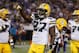 Oct 27, 2013; Minneapolis, MN, USA; Green Bay Packers running back Eddie Lacy (27) celebrates his touchdown against the Minnesota Vikings in the third quarter at Mall of America Field at H.H.H. Metrodome. The Packers win 44-31. Mandatory Credit: Bruce Kluckhohn-USA TODAY Sports
