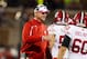 Oct 19, 2013; Champaign, IL, USA; Wisconsin Badgers head coach Gary Andersen congratulates his team after a touchdown against the Illinois Fighting Illini at Memorial Stadium. Wisconsin wins 56-32 over Illinois. Mandatory Credit: Trevor Ruszkowksi-USA TODAY Sports