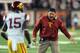 CORVALLIS, OR - NOVEMBER 01: Head coach Ed Orgeron of the USC Trojans celebrates with wide receiver Nelson Agholor #15 of the USC Trojans after the Trojans scored during the first quarter of the game against the Oregon State Beavers at Reser Stadium on November 1, 2013 in Corvallis, Oregon. (Photo by Steve Dykes/Getty Images)