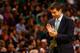 BOSTON, MA - NOVEMBER 01: Head coach Brad Stevens cheers on his team against the Milwaukee Bucks in the first half during the home opener at TD Garden on November 1, 2013 in Boston, Massachusetts. NOTE TO USER: User expressly acknowledges and agrees that, by downloading and or using this photograph, User is consenting to the terms and conditions of the Getty Images License Agreement. (Photo by Jared Wickerham/Getty Images)