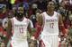 HOUSTON, TX - NOVEMBER 01: Dwight Howard #12 of the Houston Rockets along with Jeremy Lin #7 helps up James Harden #13 after he was foulded in the second quarter against the Dallas Mavericks at Toyota Center on November 1, 2013 in Houston, Texas. NOTE TO USER: User expressly acknowledges and agrees that, by downloading and or using this photograph, User is consenting to the terms and conditions of the Getty Images License Agreement. (Photo by Bob Levey/Getty Images)