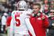 Nov 2, 2013; West Lafayette, IN, USA; Ohio State Buckeyes coach Urban Meyer talks to quarterback Braxton Miller (5) during a game against the Purdue Boilermakers at Ross Ade Stadium. Ohio State defeats Purdue 56-0. Mandatory Credit: Brian Spurlock-USA TODAY Sports