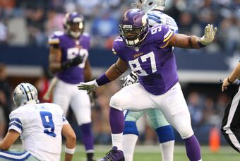 The Vikings got to Tony Romo three times in the first half.