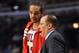 April 16, 2012; Chicago, IL, USA; Chicago Bulls head coach Tom Thibodeau talks with center Joakim Noah (13) during the second quarter at the United Center. Mandatory Credit: Rob Grabowski-USA TODAY Sports