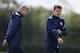ST ALBANS, ENGLAND - SEPTEMBER 12: Arsene Wenger, manager of Arsenal with Aaron Ramsey of Arsenal during a training session ahead of their UEFA Champions League Group match against Borussia Dortmund at London Colney on September 12, 2011 in St Albans, England. (Photo by Julian Finney/Getty Images)