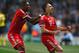 MANCHESTER, ENGLAND - OCTOBER 02: Franck Ribery (R) of Muenchen celebrates scoring the opening goal with David Alaba of Muenchen during the UEFA Champions League Group D match between Manchester City and FC Bayern Muenchen at Etihad Stadium on October 2, 2013 in Manchester, England. (Photo by Julian Finney/Getty Images)