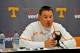 Oct 19, 2013; Knoxville, TN, USA; Tennessee Volunteers head coach Butch Jones talks about his teams win over the South Carolina Gamecocks following the game at Neyland Stadium. Tennessee won 23-21. Mandatory Credit: Jim Brown-USA TODAY Sports