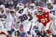 Nov 3, 2013; Orchard Park, NY, USA; Buffalo Bills running back C.J. Spiller (28) runs as Kansas City Chiefs outside linebacker Tamba Hali (91) pursues during the first half at Ralph Wilson Stadium. Mandatory Credit: Kevin Hoffman-USA TODAY Sports