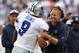 Nov 3, 2013; Arlington, TX, USA; Dallas Cowboys quarterback Tony Romo (9) celebrates after the game winning touchdown with head coach Jason Garrett against the Minnesota Vikings in the fourth quarter at AT&T Stadium. Mandatory Credit: Matthew Emmons-USA TODAY Sports