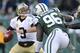 EAST RUTHERFORD, NJ - NOVEMBER 3: quarterback Drew Brees #9 of the New Orleans Saints under pressure from defensive end Muhammad Wilkerson #96 of the New York Jets in the 2nd half of the Jets 26-20 win over the New Orleans Saints at MetLife Stadium on November 3, 2013 in East Rutherford, New Jersey. (Photo by Ron Antonelli/Getty Images)