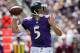 BALTIMORE, MD - SEPTEMBER 15: Quarterback Joe Flacco #5 of the Baltimore Ravens looks to pass against the Cleveland Browns at M&T Bank Stadium on September 15, 2013 in Baltimore, Maryland. (Photo by Rob Carr/Getty Images)