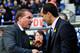 WIGAN, ENGLAND - MARCH 03: Swansea manager Brendan Rodgers (L) greets his Wigan counterpart Roberto Martinez before the Barclays Premier League match between Wigan Athletic and Swansea City at DW Stadium on March 3, 2012 in Wigan, England. (Photo by Stu Forster/Getty Images)