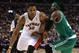 TORONTO, ON - OCTOBER 30: Gerald Wallace #45 of the Boston Celtics defends against Rudy Gay #22 of the Toronto Raptors as he drives to the bucket during their NBA game at the Air Canada Centre on October 30, 2013 in Saint John, New Brunswick, Canada. NOTE TO USER: User expressly acknowledges and agrees that, by downloading and/or using this photograph, user is consenting to the terms and conditions of the Getty Images License Agreement. (Photo by Dave Sandford/Getty Images)