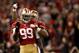 November 19, 2012; San Francisco, CA, USA; San Francisco 49ers outside linebacker Aldon Smith (99) is congratulated by outside linebacker Ahmad Brooks (55) after recording a sack against the Chicago Bears in the third quarter at Candlestick Park. The 49ers defeated the Bears 32-7. Mandatory Credit: Cary Edmondson-USA TODAY Sports