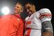 STATE COLLEGE, PA - OCTOBER 27: Quarterback Braxton Miller #5 of the Ohio State Buckeyes smiles with head coach Urban Meyer of the Ohio State Buckeyes after defeating the Penn State Nittany Lions at Beaver Stadium on October 27, 2012 in State College, Pennsylvania. The Ohio State Buckeyes won, 35-23. (Photo by Patrick Smith/Getty Images)