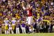 November 3, 2012; Baton Rouge, LA, USA; Alabama Crimson Tide quarterback A.J. McCarron (10) celebrates after throwing the go ahead touchdown pass during the fourth quarter of a win over the LSU Tigers in a game at Tiger Stadium. Alabama defeated LSU 21-17. Mandatory Credit: Derick E. Hingle-USA TODAY Sports
