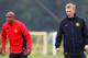 MANCHESTER, ENGLAND - OCTOBER 01: Ashley Young (L), Wayne Rooney (R) and manager David Moyes of Manchester United in action during a training session ahead of their Champions League Group A match against Shakhtar Donetsk at their Carrington Training Complex on October 01, 2013 in Manchester, England (Photo by Paul Thomas/Getty Images)