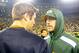 Nov 4, 2013; Green Bay, WI, USA; Green Bay Packers quarterback Aaron Rodgers (right) talks to Chicago Bears quarterback Jay Cutler (left) after the Bears beat the Packers 27-20 at Lambeau Field. Rodgers left the game early in the 1st quarter with a left shoulder injury. Mandatory Credit: Benny Sieu-USA TODAY Sports