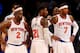 NEW YORK, NY - NOVEMBER 05: Raymond Felton #2,Iman Shumpert #21 and Carmelo Anthony #7 of the New York Knicks wait as the officials review a call in the second half against the Charlotte Bobcats at Madison Square Garden on November 5, 2013 in New York City.The Charlotte Bobcats defeated the New York Knicks 102-97. NOTE TO USER: User expressly acknowledges and agrees that, by downloading and/or using this photograph, user is consenting to the terms and conditions of the Getty Images License Agreement. (Photo by Elsa/Getty Images)