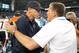 Sep 29, 2013; Detroit, MI, USA; Chicago Bears head coach Marc Trestman (left) and Detroit Lions head coach Jim Schwartz (right) shakes hands after the game at Ford Field. The Lions won 40-32. Mandatory Credit: Tim Fuller-USA TODAY Sports