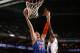 CHARLOTTE, NC - NOVEMBER 8: Andrea Bargnani #77 of the New York Knicks shoots against Bismack Biyombo #0 of the Charlotte Bobcats at the Time Warner Cable Arena on November 8, 2013 in Charlotte, North Carolina. NOTE TO USER: User expressly acknowledges and agrees that, by downloading and or using this photograph, User is consenting to the terms and conditions of the Getty Images License Agreement. Mandatory Copyright Notice: Copyright 2013 NBAE (Photo by Brock Williams-Smith/NBAE via Getty Images)