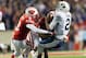 Nov 9, 2013; Madison, WI, USA; Brigham Young Cougars wide receiver Cody Hoffman (2) is tackled by Wisconsin Badgers linebacker Chris Borland (44) and cornerback Sojourn Shelton (8) after catching a pass during the fourth quarter at Camp Randall Stadium. Wisconsin won 27-17. Mandatory Credit: Jeff Hanisch-USA TODAY Sports