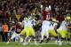 Nov 7, 2013; Stanford, CA, USA; Stanford Cardinal linebacker Shayne Skov (11) deflects the pass attempt by Oregon Ducks quarterback Marcus Mariota (8) during the first quarter at Stanford Stadium. Mandatory Credit: Kelley L Cox-USA TODAY Sports
