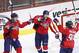 Nov 7, 2013; Washington, DC, USA; Washington Capitals center Marcus Johansson (90) celebrates with center Brooks Laich (21) and right wing Tom Wilson (43) against the Minnesota Wild in the third period at Verizon Center. The Capitals won 3-2 in a shootout. Mandatory Credit: Geoff Burke-USA TODAY Sports