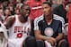 Nov 11, 2013; Chicago, IL, USA; Chicago Bulls small forward Luol Deng (9) talks with point guard Derrick Rose (1) on the bench during the second half against the Cleveland Cavaliers at the United Center. The Bulls won 96-81. Mandatory Credit: Rob Grabowski-USA TODAY Sports