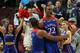 Nov 12, 2013; Chicago, IL, USA; Kansas Jayhawks guard Andrew Wiggins (22) is congratulated for scoring by guard Wayne Selden, Jr. (1) in the second half against the Duke Blue Devils at United Center. Kansas won 94-83. Mandatory Credit: Dennis Wierzbicki-USA TODAY Sports